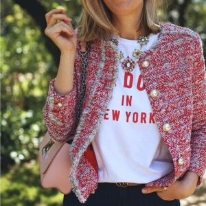 ZARA Tweed TEXTURED WEAVE CARDIGAN JACKET W/ FRAYED DETAIL w/ Gold Pearl Buttons